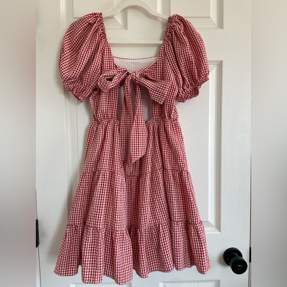 Chelsea & Violet Red Gingham Puff Sleeve Midi Dress Size Small Cottagecore Tie - Picture 4 of 4